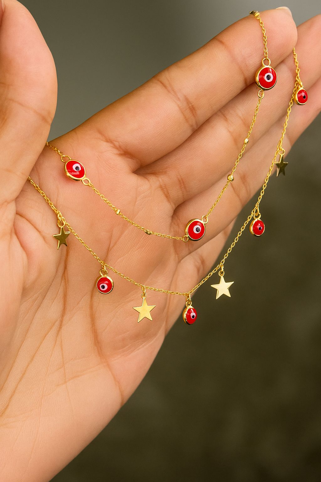 Pulsera Ojo Turco Rojo Oro 18k Italiano - Peso Ligero