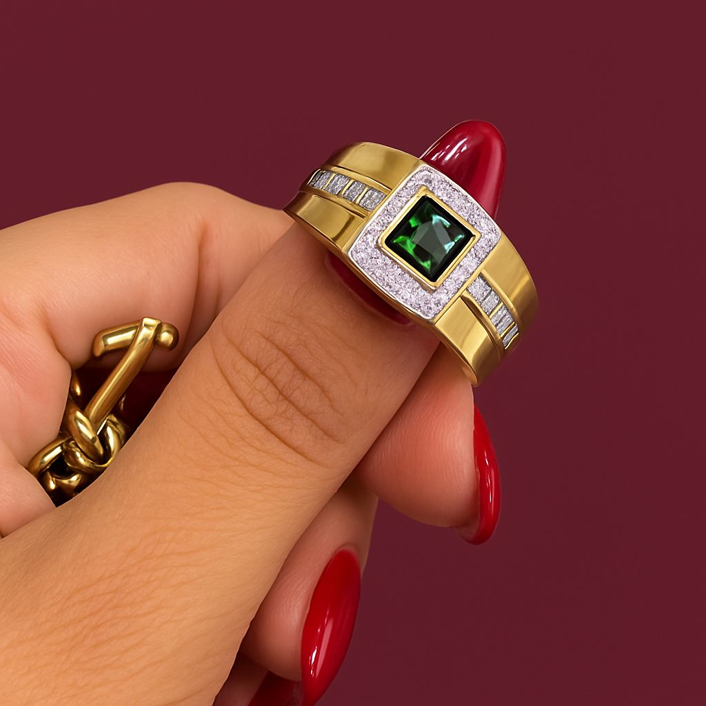 Anillo Oro 18k Italiano con Piedra Verde y Brillantes